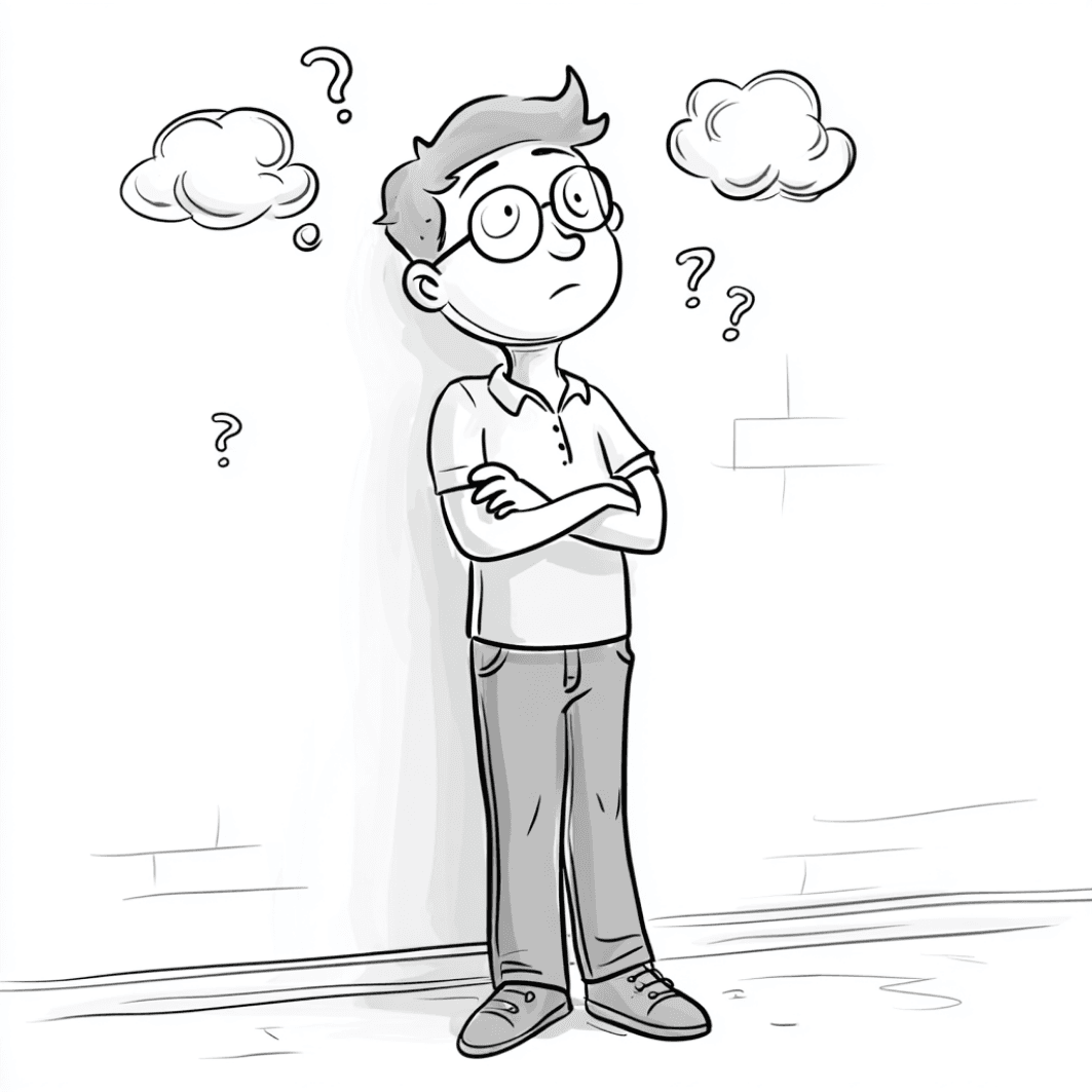 Personnage perplexe devant des points d'interrogation, symbolisant les questions sur la retraite